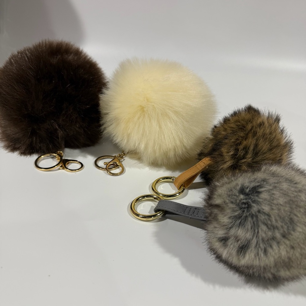 Set of 4 Faux Fur Pom Pom Assorted Neutral Brown Grey Keychain Bag Charms
